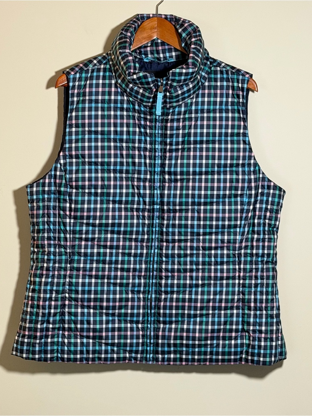 NWT Talbots Women’s XL Plaid Genuine Down Puffer Vest Navy Blue Green Pink Check